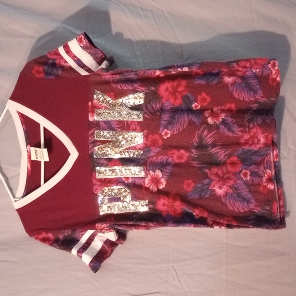 PINK BRAND BURGUNDY W/ SILVER SEQUIN TOP TROPICAL FLORAL PATTERN SIZE MEDIUM